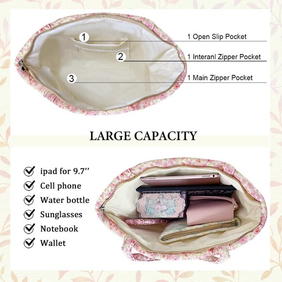 Women Floral Quilted Tote Bag Small Zipper Purse for Work Travel School - Picture 2 of 6